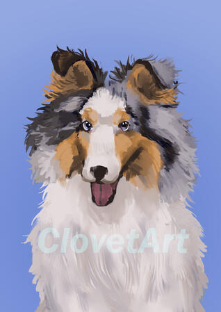 A digital painting of a Shetland sheepdog, with tan, grey, and dark brown mottling. Against a sky blue background