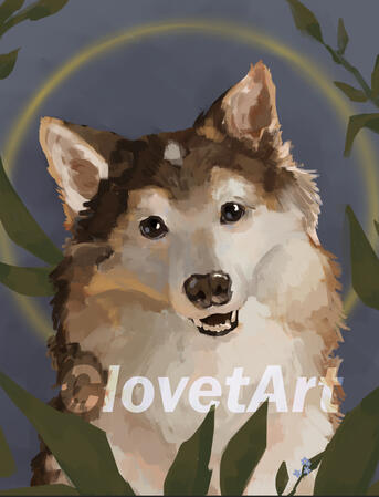 A digital painting of a brown and white husky. Against a grey background surrounded by leaves and a halo.